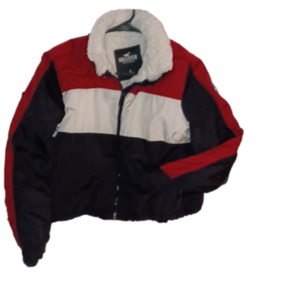 HOLLISTER WOOL LINDED JACKET, BLACK, RED, AND WHITE.  ZIP UP. - Picture 1 of 6